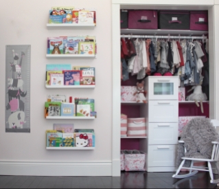Toddler Room Girls Pink Closet and IKEA Bookshelves